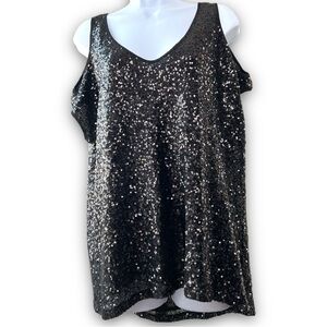 I Jeans By Buffalo Black Sequins Cut Out Shoulder Top Size Medium